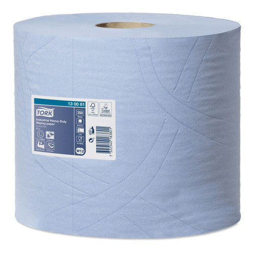 One pale blue Tork industrial roll standing upright on a white background with the multilingual label showing 13 00 81, Industrial Heavy-Duty Wiping paper, 350 sheets and W1 W2 icons.