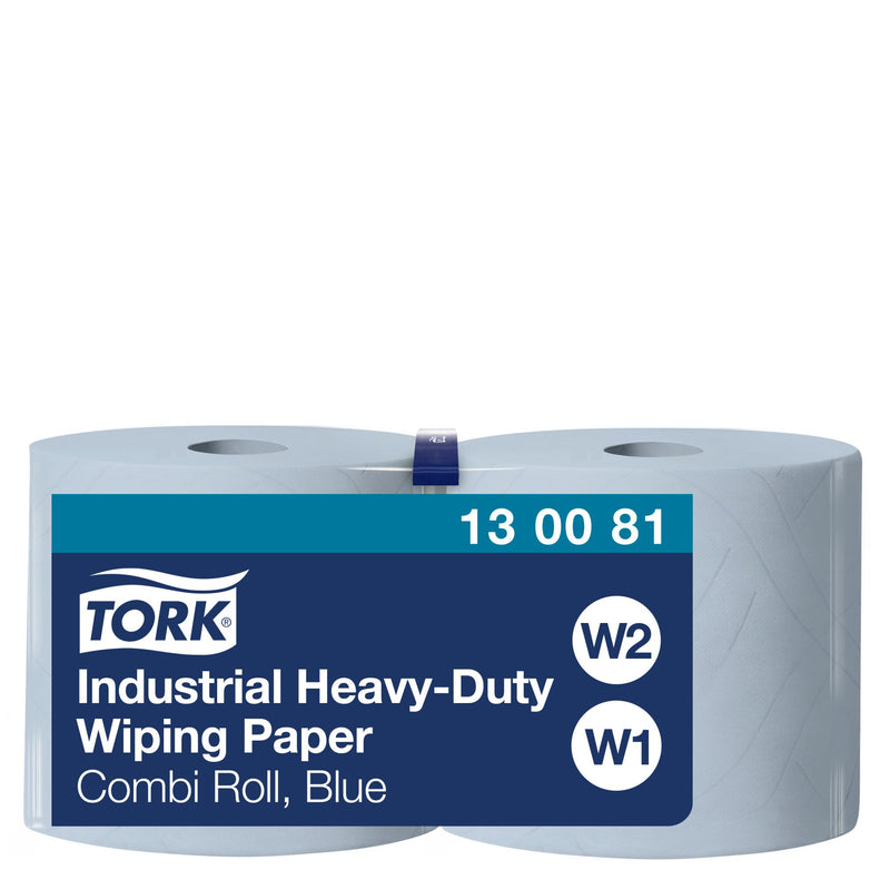 Two pale blue Tork rolls side by side in clear film, navy label reading Industrial Heavy-Duty Wiping Paper Combi Roll, Blue with code 13 00 81 and round W1 and W2 icons, plain white background.