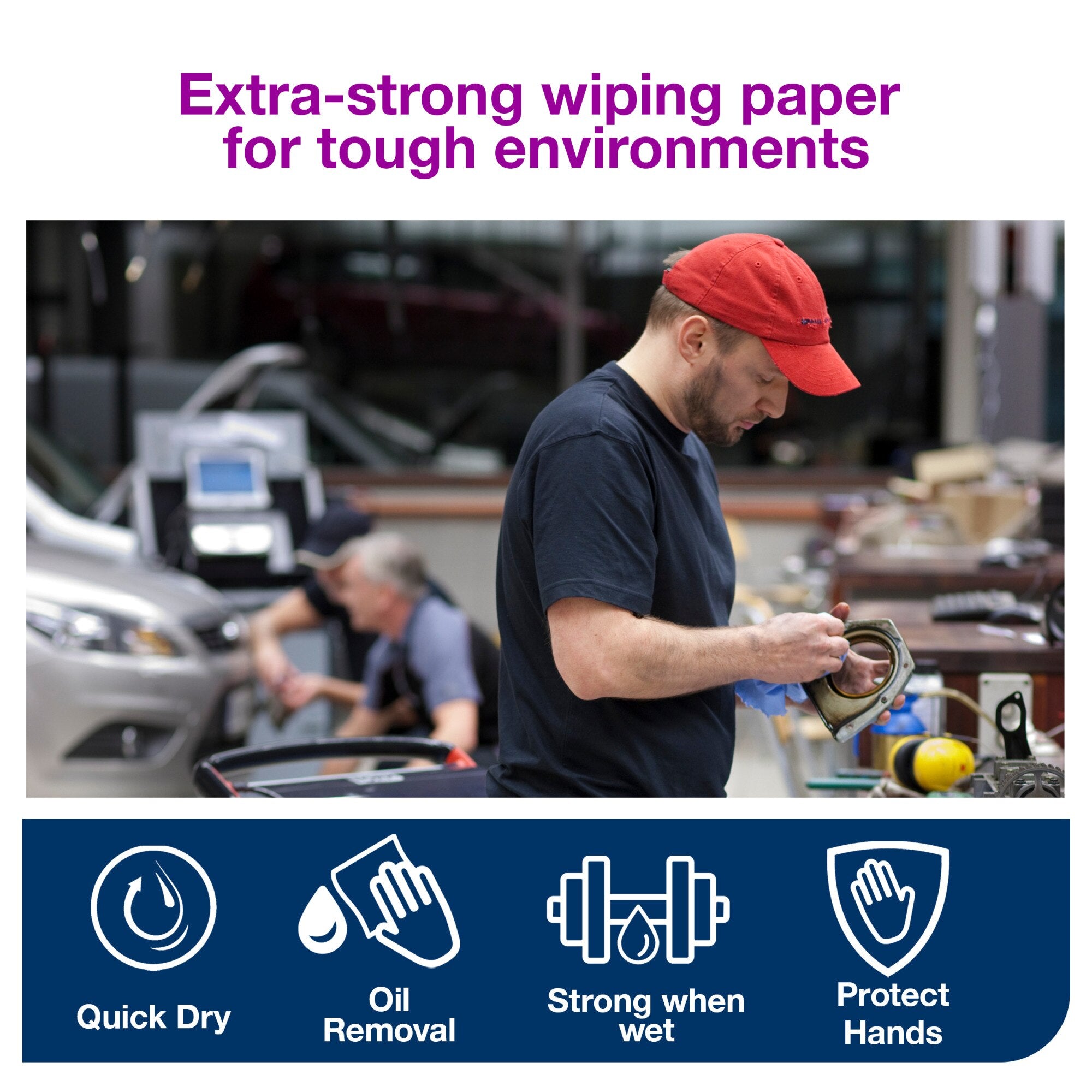 Mechanic in a navy shirt and red cap wipes a metal engine housing with a blue Tork sheet in a busy vehicle workshop, purple heading reading extra-strong wiping paper for tough environments above icons.