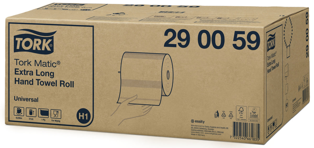 Sealed kraft carton of Tork Matic Extra Long Hand Towel Roll 290059 Universal at a three quarter angle, with the roll illustration and H1 badge on the panel