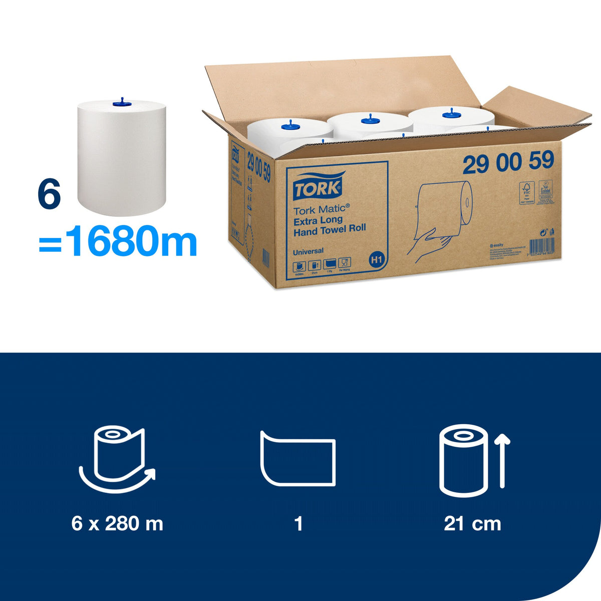Tork panel showing six rolls equal 1680 metres, an open carton of Tork Matic Extra Long Hand Towel Roll 290059, and icons for 6 by 280 metres, 1 ply and 21 centimetres