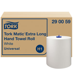 Tork Matic Extra Long Hand Towel Roll 290059 carton, navy panel reading White Universal with an H1 badge, beside a plain white roll with a blue centre plug
