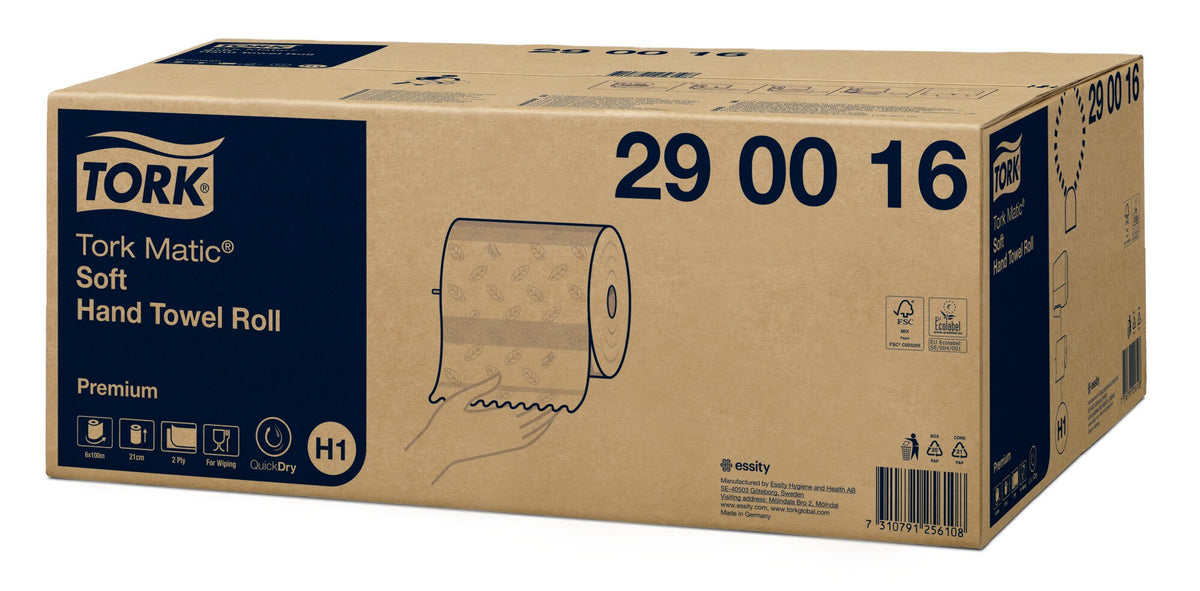 Sealed kraft carton of Tork Matic Soft Hand Towel Roll 290016 Premium at a three quarter angle, with the roll illustration, H1 badge and QuickDry mark on the panel