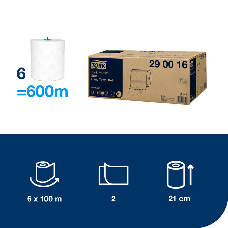 Tork panel showing six rolls equal 600 metres beside a sealed carton of Tork Matic Soft Hand Towel Roll 290016 and one white roll, with icons for 6 by 100 metres, 2 ply and 21 centimetres