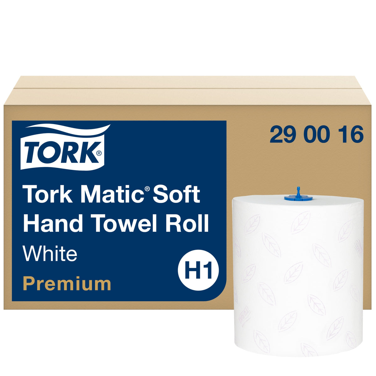 Tork Matic Soft Hand Towel Roll 290016 carton, navy panel reading White Premium with an H1 badge, beside a white roll with a blue leaf embossing and a blue centre plug