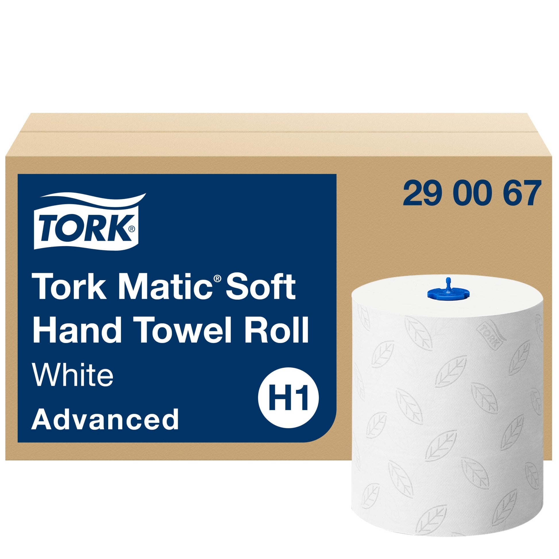 Brown kraft carton of Tork Matic Soft Hand Towel Roll with navy panel reading White Advanced, code 29 00 67 and H1 badge, beside a white leaf embossed towel roll with a blue plastic centre plug.