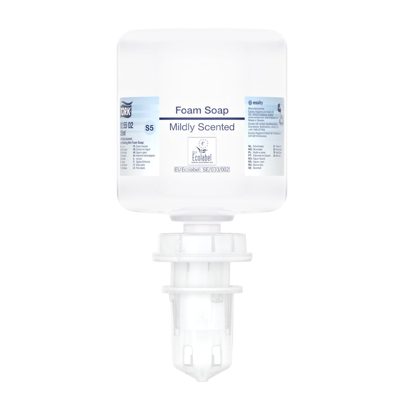Tork 525502 mildly scented mini foam soap S5 bottle, front label with pump