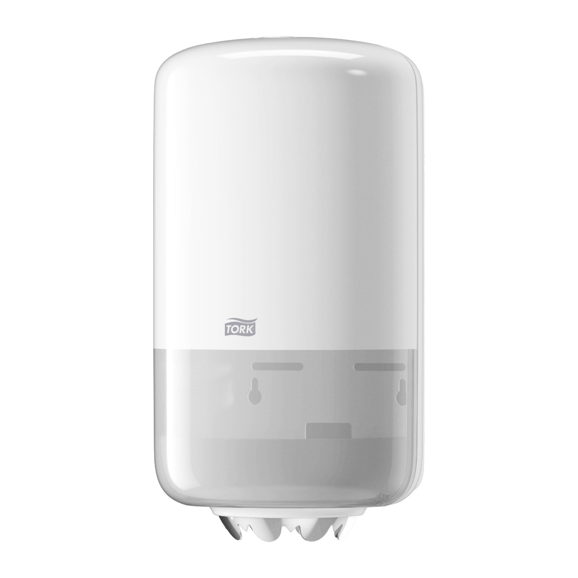Front view of white Tork Mini Centrefeed Dispenser M1 in Elevation design showing the smooth wall-mounted housing and lower paper outlet