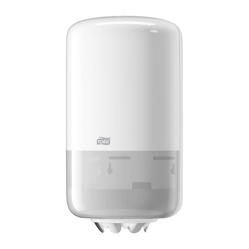 Front view of white Tork Mini Centrefeed Dispenser M1 in Elevation design showing the smooth wall-mounted housing and lower paper outlet