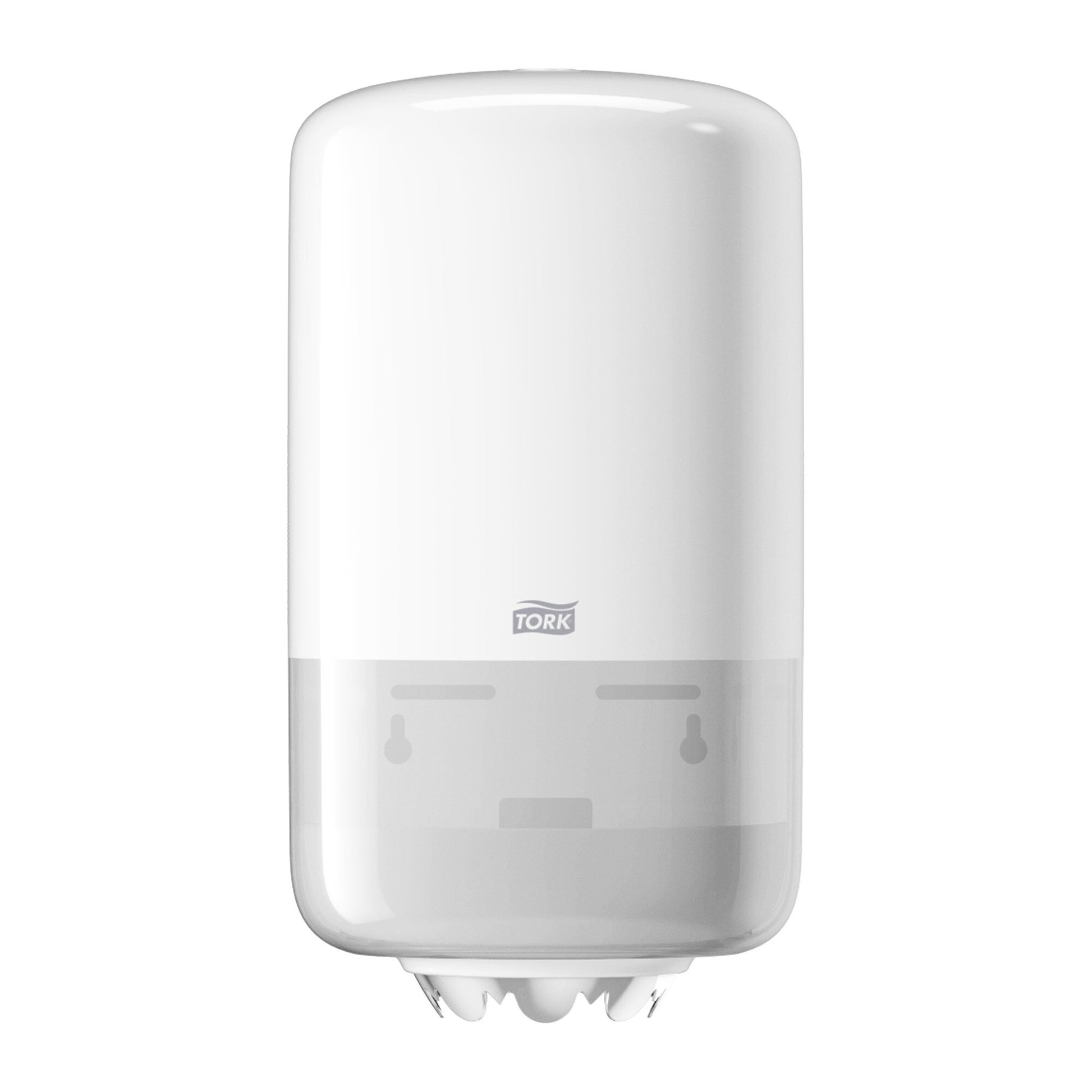 Front view of the white Tork 558000 M1 mini centrefeed dispenser showing the glossy Elevation cover, grey Tork logo and the translucent lower window with the wall plate visible behind it