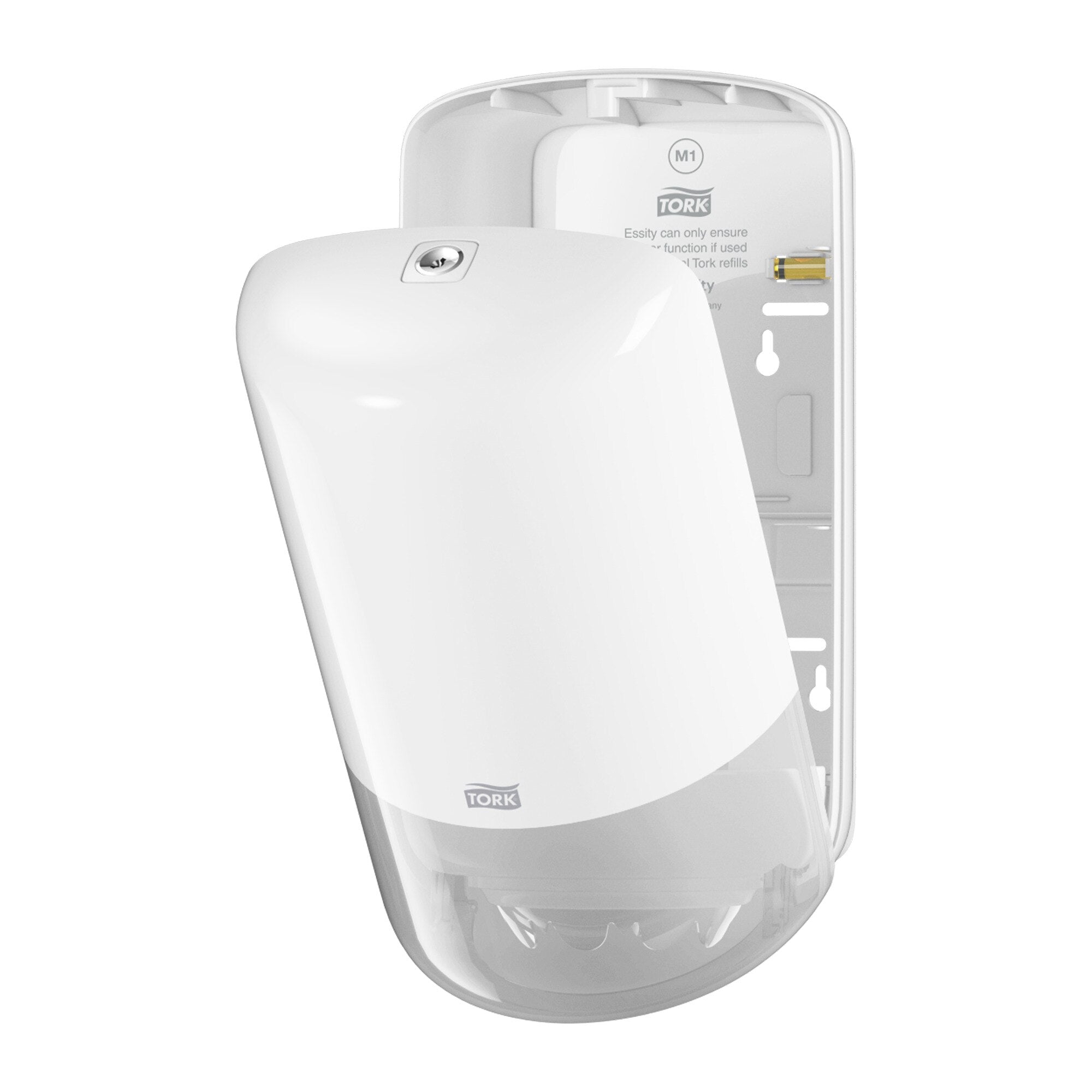 Tork 558000 dispenser with the cover swung open, showing the key lock at the top of the cover, the M1 marking and Tork refill notice inside, and the keyhole slots on the wall mounting plate