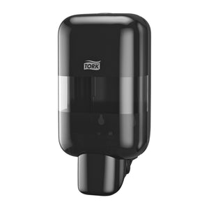 Tork Mini Soap and Sanitiser Dispenser S5 in black, front view with Tork logo and refill window