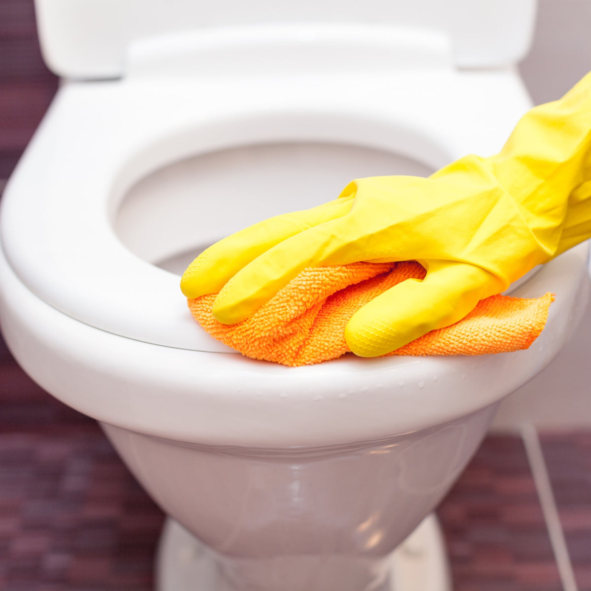 Gloved hand wiping a toilet seat with a cloth
