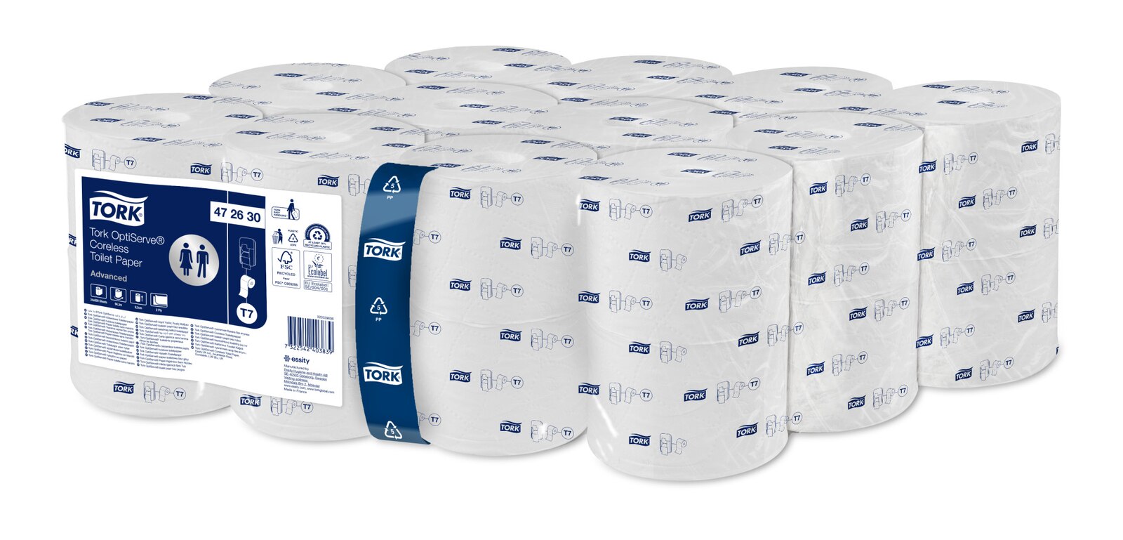 Single white Tork coreless toilet roll standing upright showing the embossed two ply tissue and the open centre where a cardboard core would normally sit.