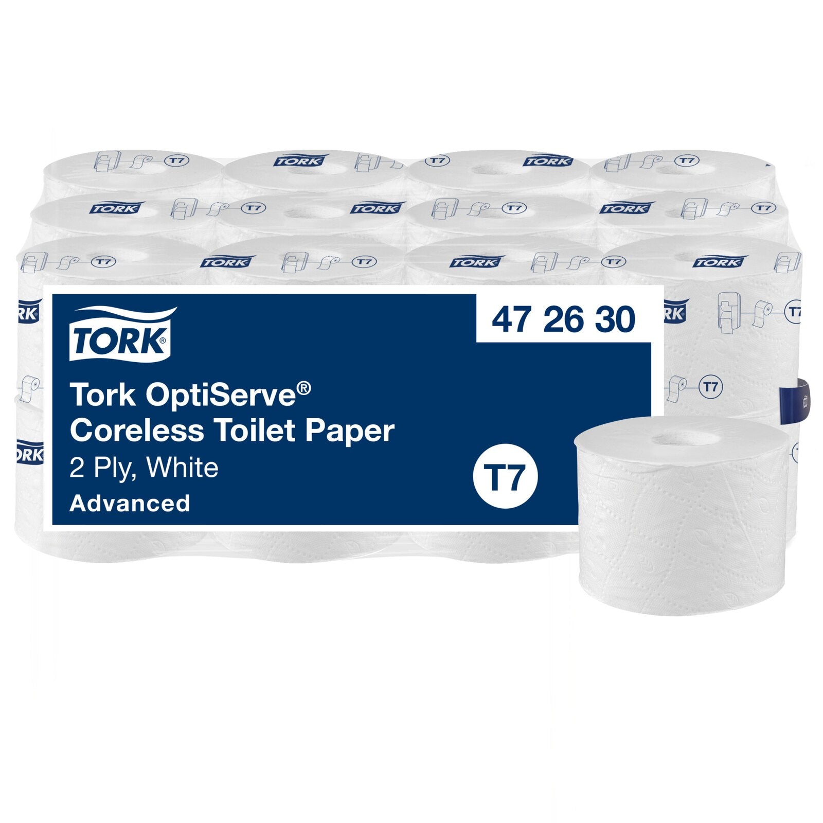 Tork OptiServe coreless mid size toilet roll carton of 24 shown in clear shrink film with white rolls stacked inside and the blue Tork label facing forward.