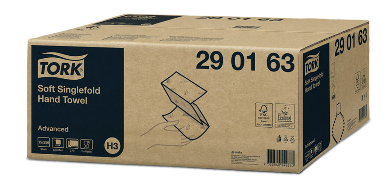 Sealed brown kraft shipping carton of Tork Soft Singlefold Hand Towel Advanced viewed at an angle, navy panel with 29 01 63, icons for 15 x 250 sheets, 23 x 24.8 cm, 2 ply and for wiping, plus FSC and EU Ecolabel marks.