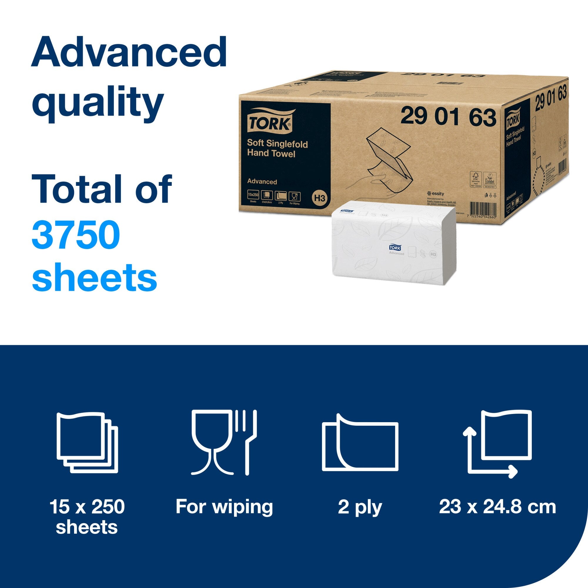 Blue and white Tork information panel headed Advanced quality and total of 3750 sheets, showing the kraft carton beside a white folded towel sleeve, with icons for 15 x 250 sheets, for wiping, 2 ply and 23 x 24.8 cm.