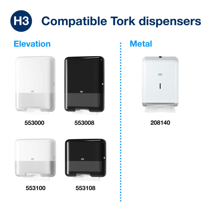 Tork H3 compatible dispenser chart on white, showing Elevation models 553000 and 553100 in white and 553008 and 553108 in black, plus metal dispenser 208140 with a white towel hanging from the slot.