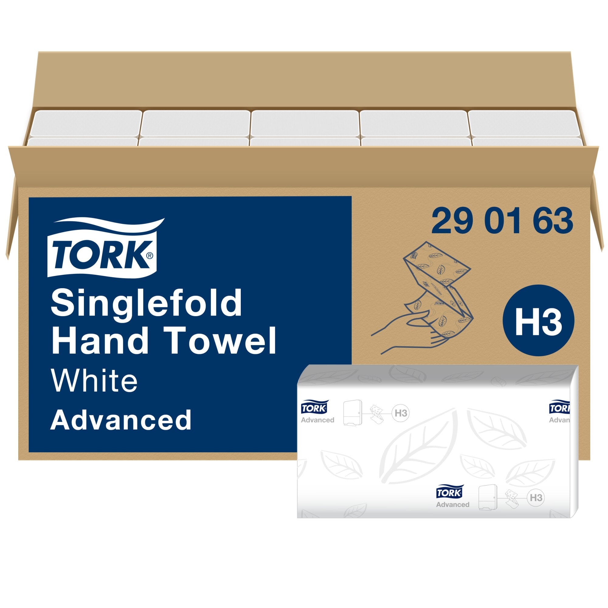Open kraft carton of Tork Soft Singlefold Hand Towels, white sleeves stacked inside, navy front panel reading Singlefold Hand Towel White Advanced with code 29 01 63 and blue H3 badge, one leaf embossed sleeve in front.