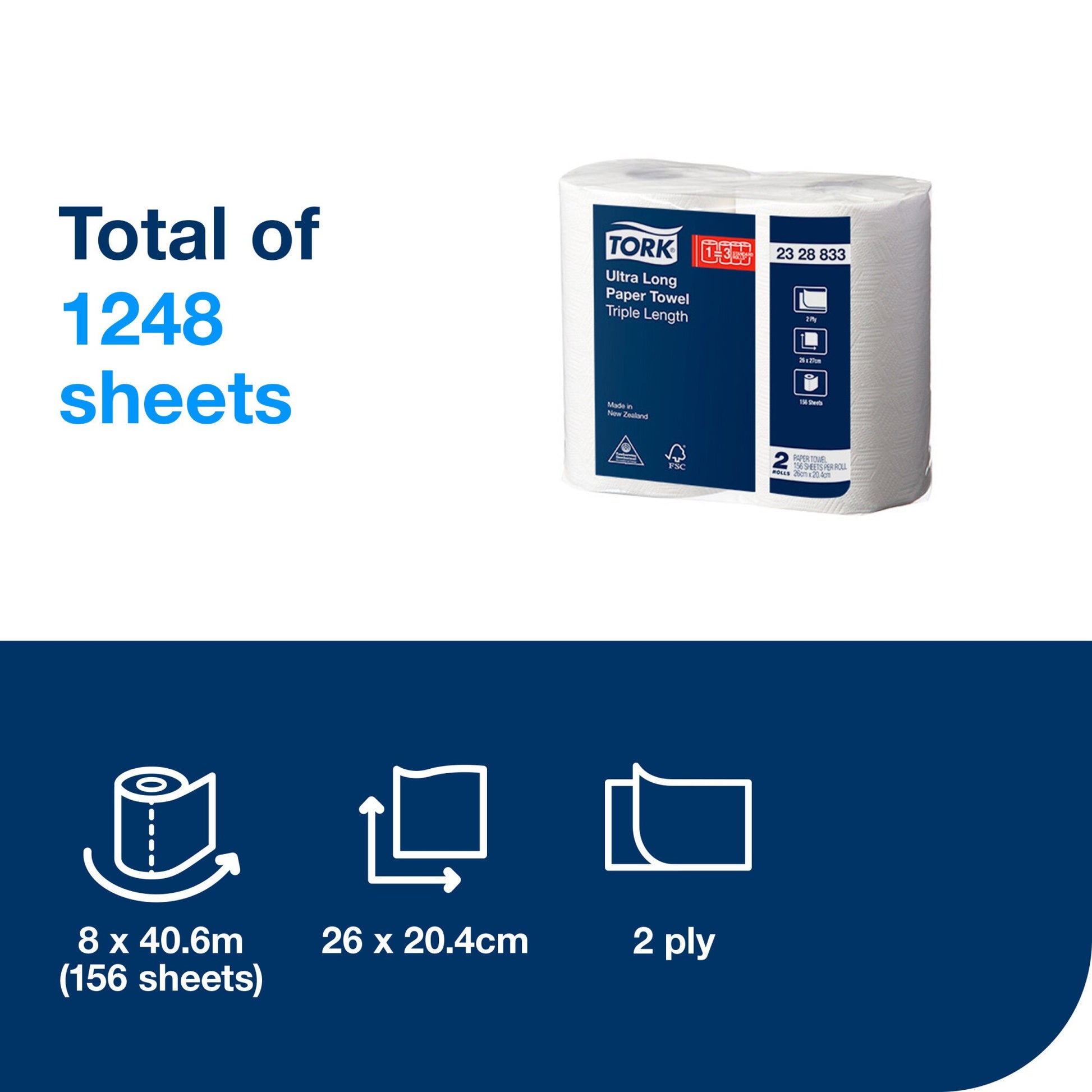 Tork contents panel for the Ultra Long Paper Towel 2328833 reading Total of 1248 sheets, with icons for 8 rolls of 40.6 m, 26 x 20.4 cm sheets and 2 ply