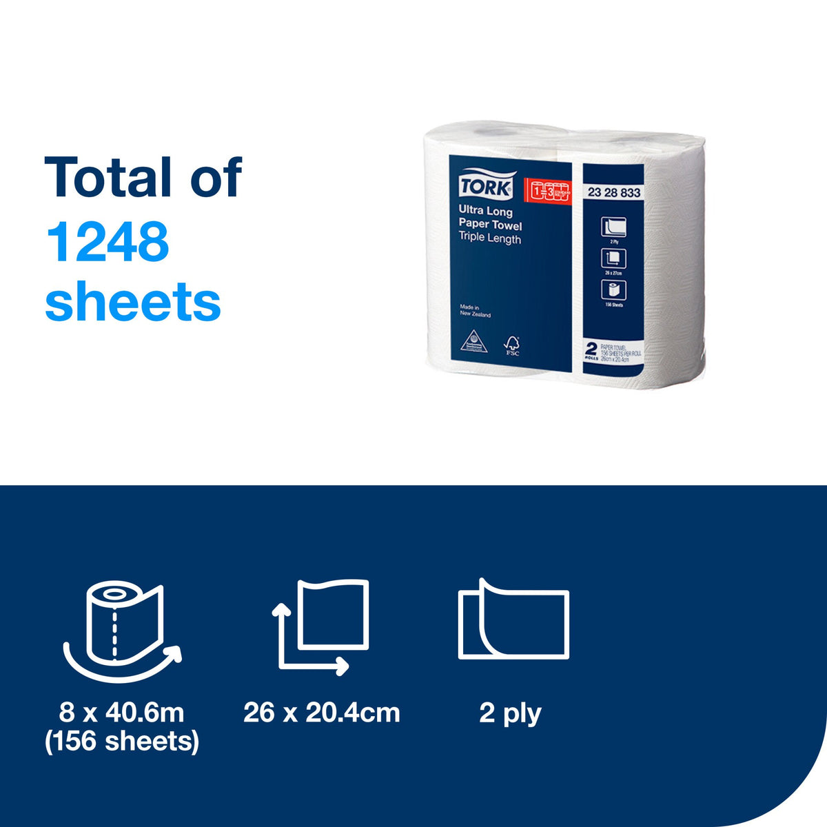Tork contents panel for the Ultra Long Paper Towel 2328833 reading Total of 1248 sheets, with icons for 8 rolls of 40.6 m, 26 x 20.4 cm sheets and 2 ply