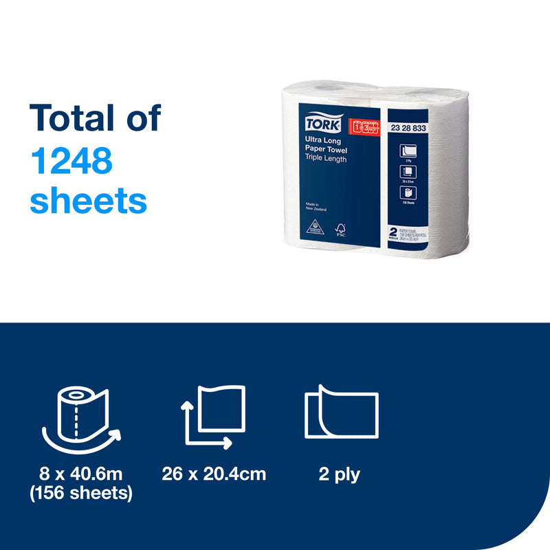 Tork contents panel for the Ultra Long Paper Towel 2328833 reading Total of 1248 sheets, with icons for 8 rolls of 40.6 m, 26 x 20.4 cm sheets and 2 ply