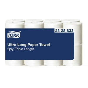 Tork Ultra Long Paper Towel 2328833 outer pack of 8 rolls with a blue printed panel reading Ultra Long Paper Towel, 2ply Triple Length, beside the article number box