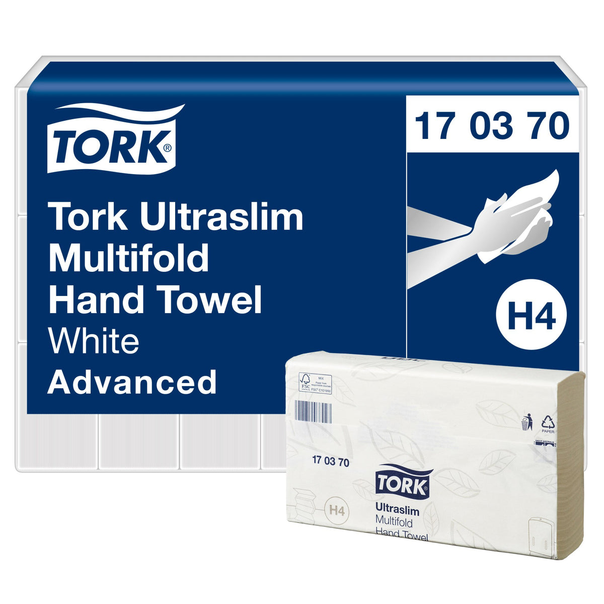 Tork Ultraslim Multifold Hand Towel 170370 panel reading White Advanced with an H4 badge, beside a white towel bundle in its wrapper