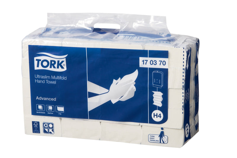 Tork Ultraslim Multifold Hand Towel H4 170370 carton case showing 20 packs of 150 sheets with FSC certification mark on white background