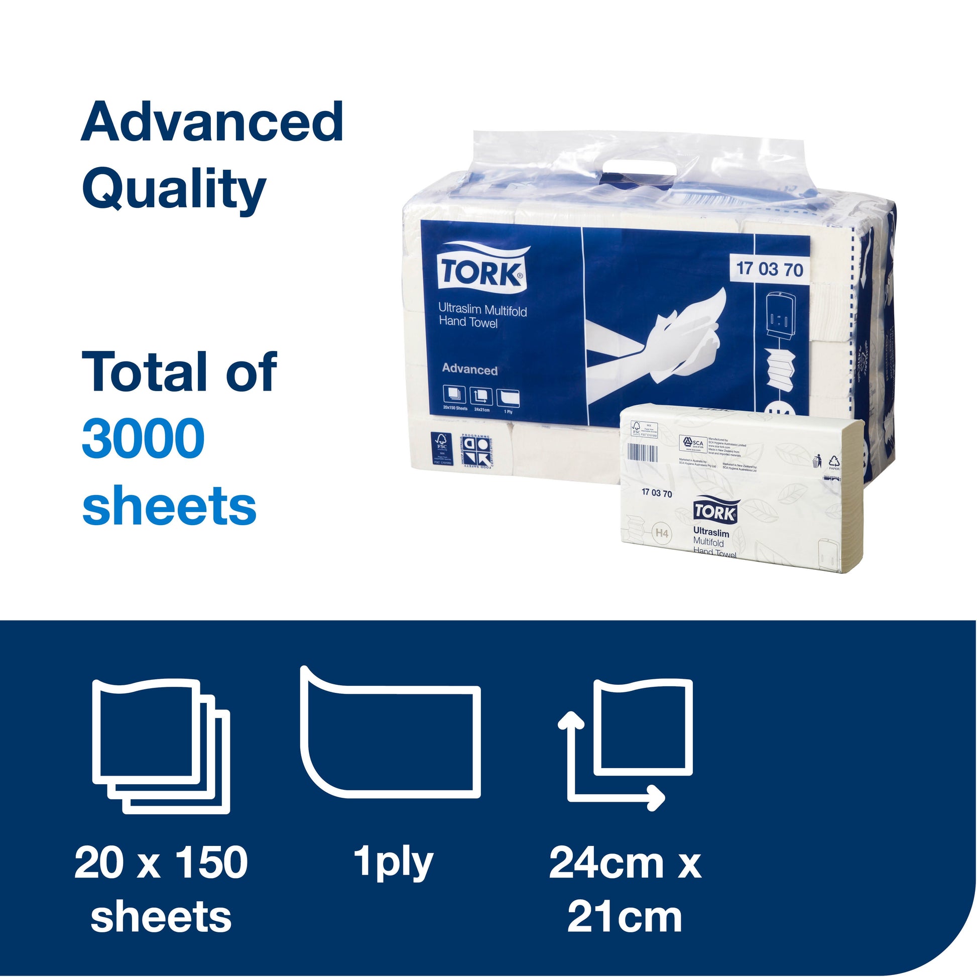 Tork Ultraslim Multifold Hand Towel H4 170370 product features infographic for Australia and New Zealand showing key benefits and system details