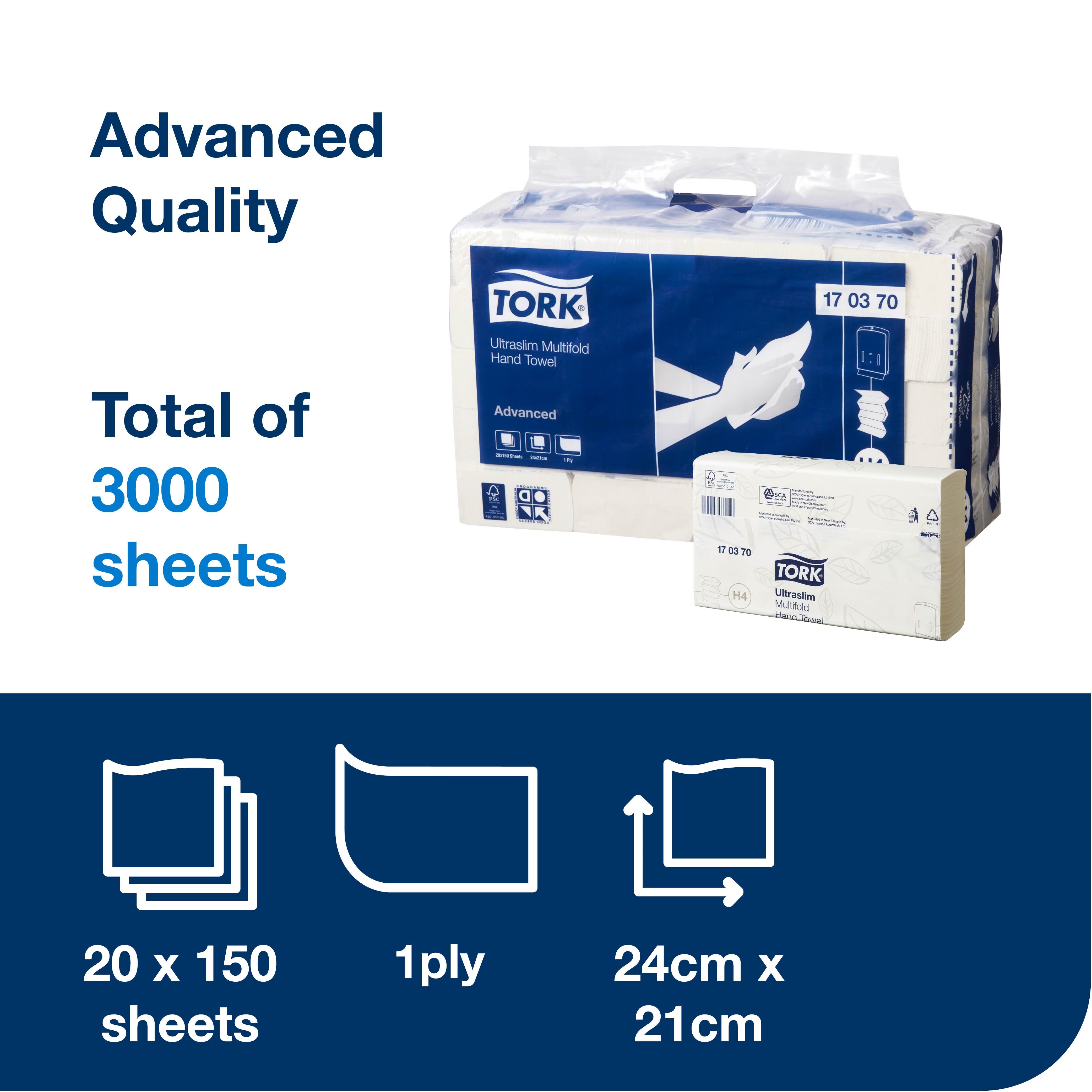 Tork Ultraslim Multifold Hand Towel H4 170370 product features infographic for Australia and New Zealand showing key benefits and system details