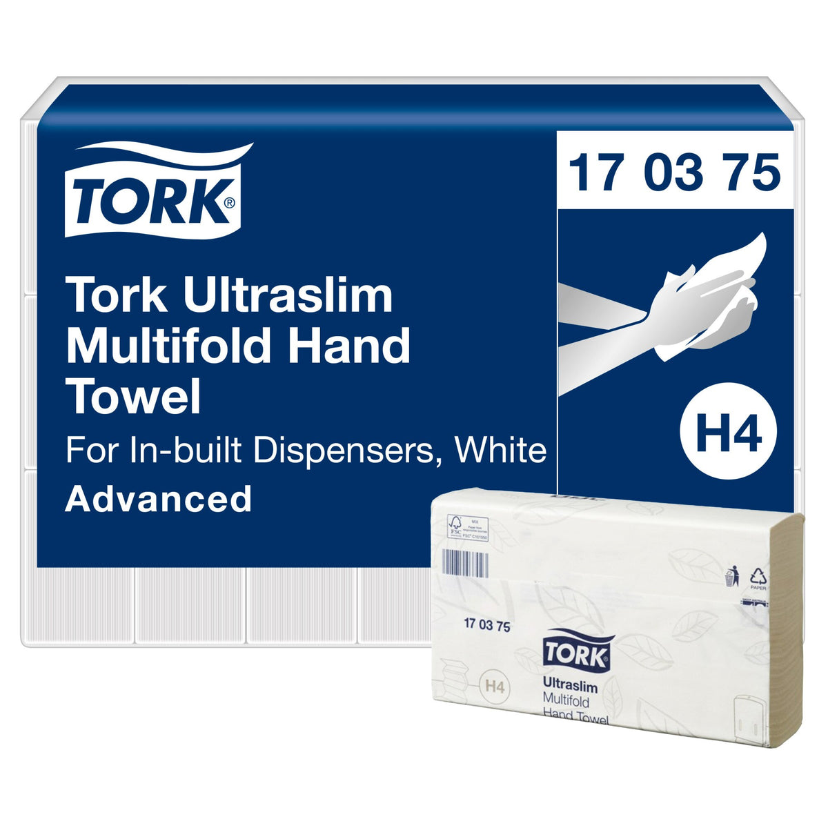 Tork Ultraslim Multifold Hand Towel 170375 panel reading For In-built Dispensers White Advanced with an H4 badge, beside a white towel bundle in its wrapper