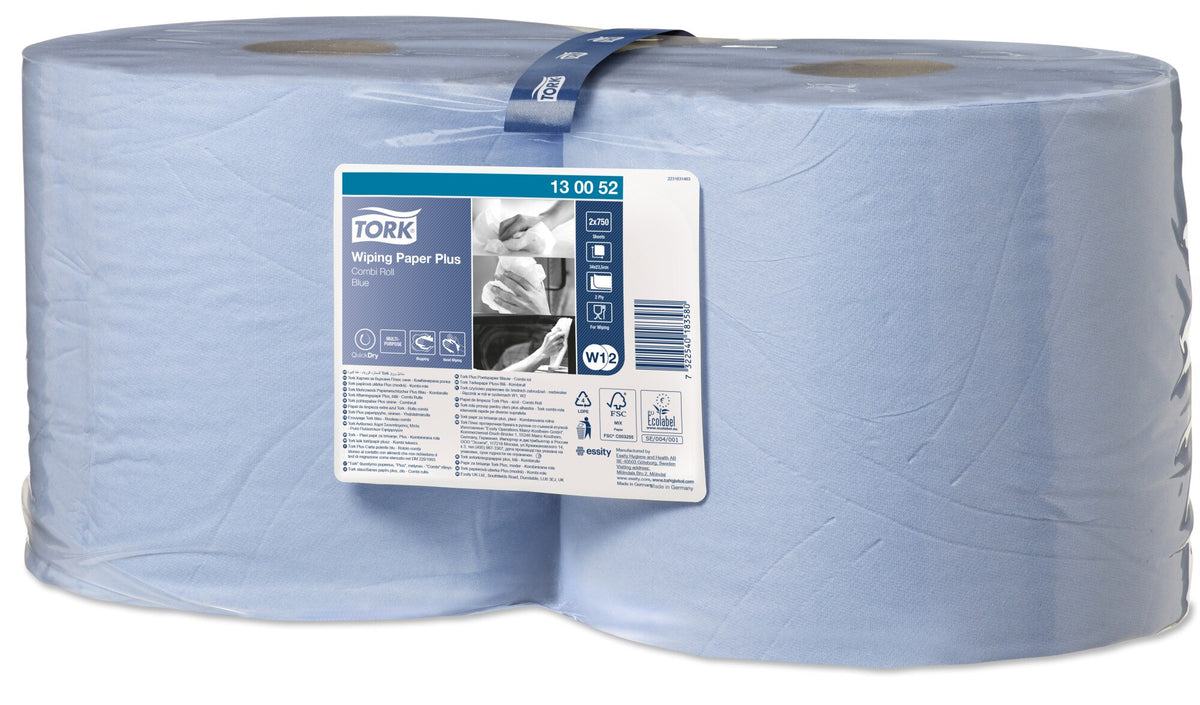 Angled view of the shrink wrapped twin pack of blue Tork combi rolls with a navy Tork banding strap and a large multilingual label showing 13 00 52, 2 x 750 sheets, 2 ply, FSC and EU Ecolabel marks.