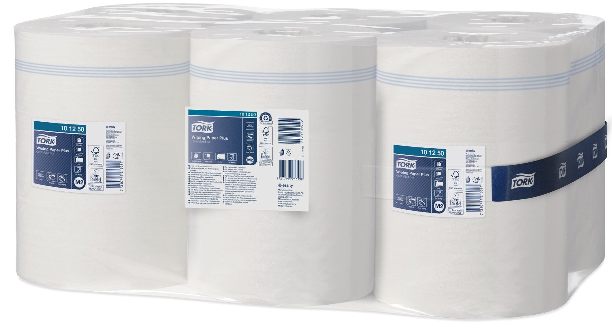 Angled view of the clear wrapped six roll pack, each roll carrying a white label with FSC Mix and EU Ecolabel marks and a barcode, and a navy Tork branded band running across the front rolls.