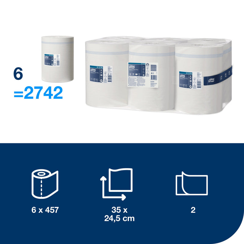 Pack contents graphic showing one roll beside the six roll pack above the figure 6 equals 2742, with navy icons below for 6 x 457 sheets, sheet size 35 x 24.5 centimetres and 2 ply.