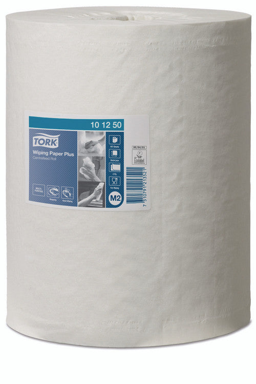 Single white Tork Wiping Paper Plus centrefeed roll standing upright on a white background, its label showing code 10 12 50 above small greyscale wiping photos, a barcode and icons for 2 ply, For wiping and M2.