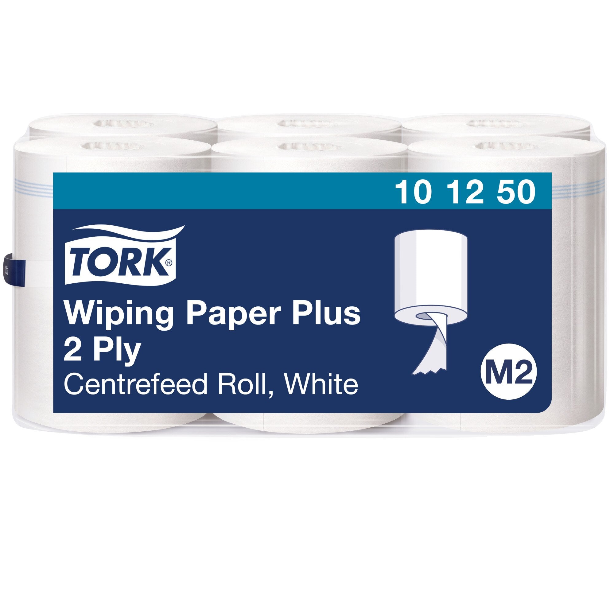 Shrink wrapped pack of six white Tork centrefeed rolls standing upright on a white background, with a navy and teal label reading Tork Wiping Paper Plus 2 Ply Centrefeed Roll White, code 10 12 50 and a round M2 symbol.