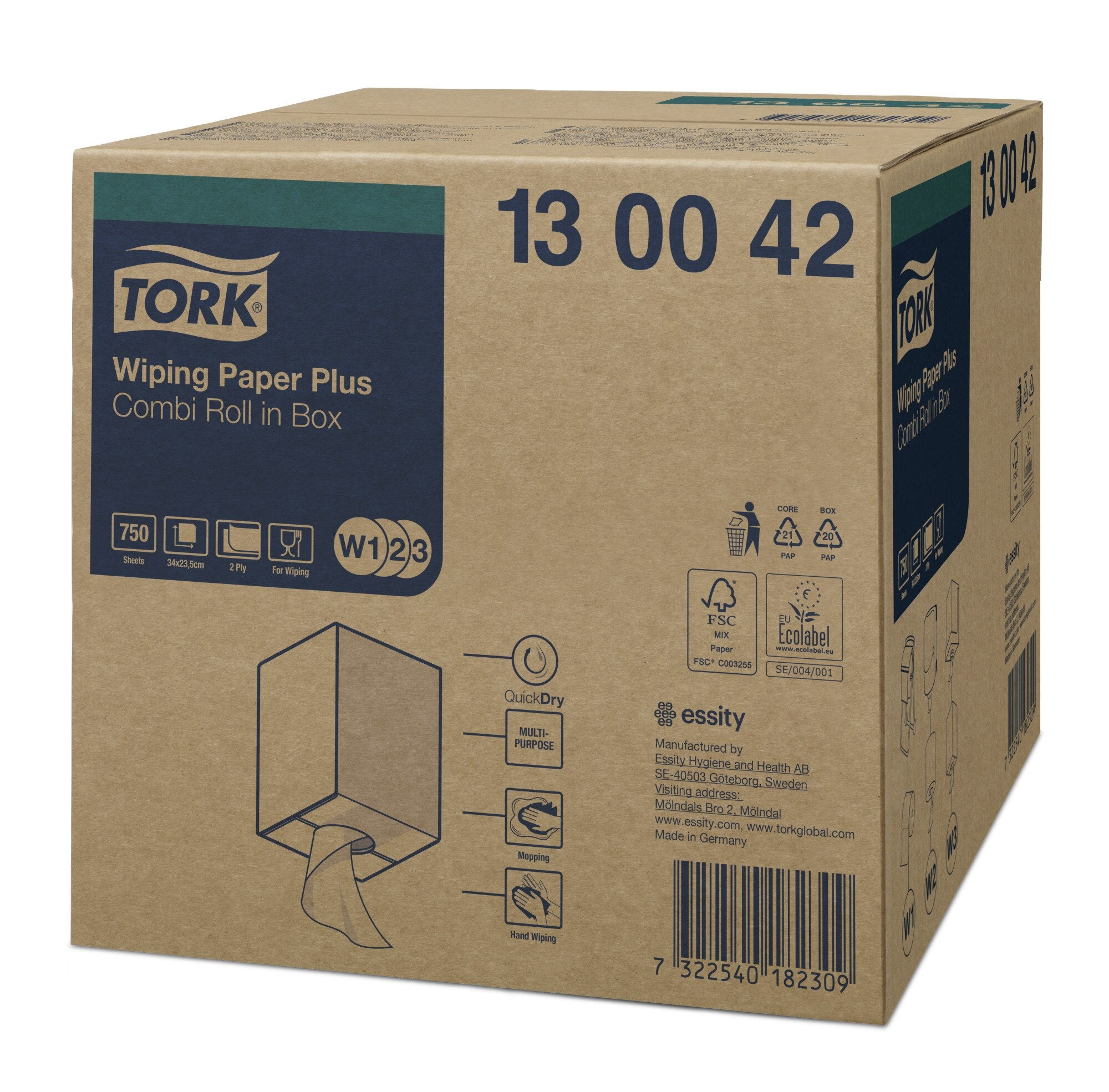 Angled view of the closed kraft carton for Tork Wiping Paper Plus Combi Roll in Box, navy panel listing 750 sheets, 34 x 23.5 cm and 2 ply with W1 W2 W3 icons, FSC and EU Ecolabel marks below.
