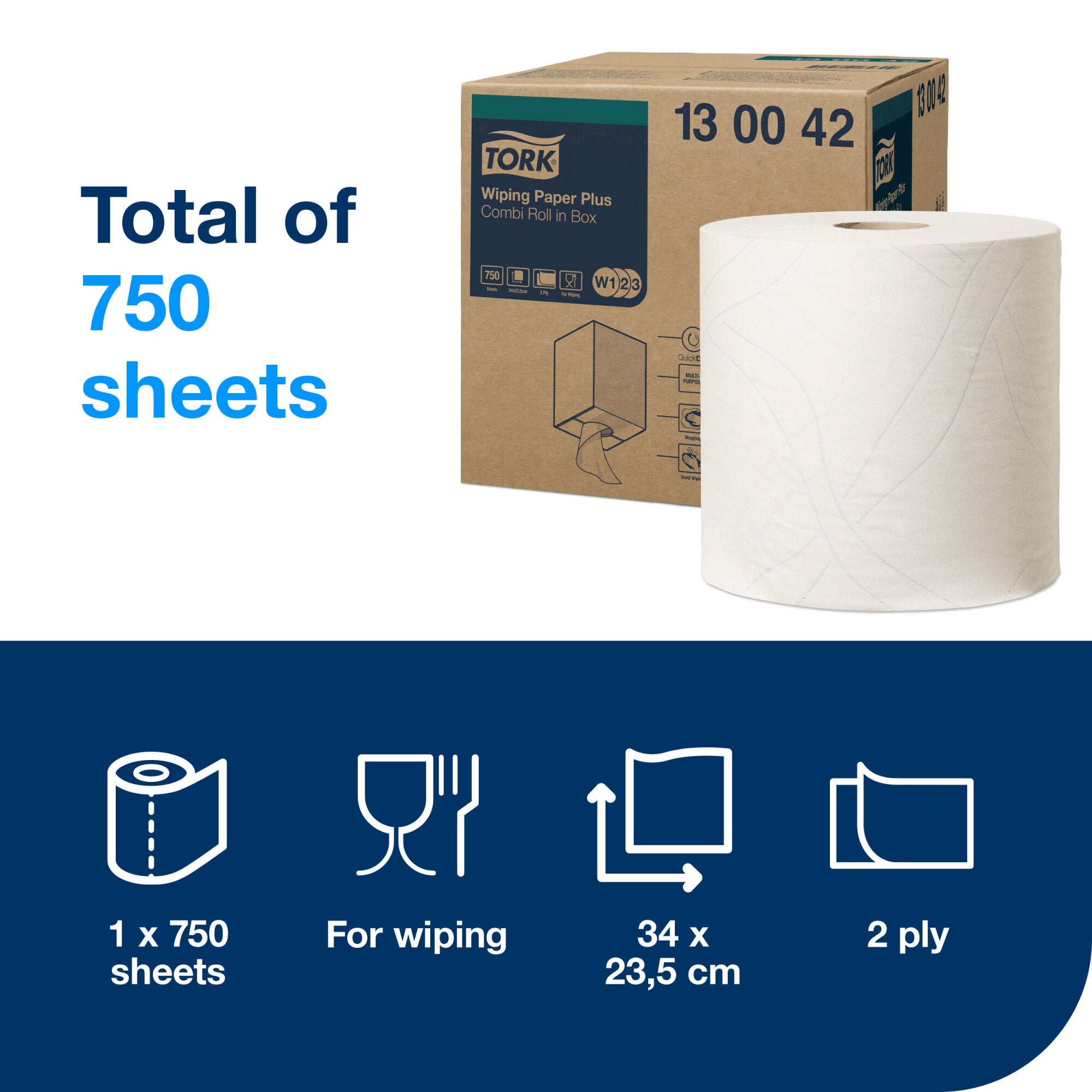 Contents graphic for Tork 13 00 42 showing the kraft carton and one white roll beside blue text reading total of 750 sheets, with icons for 1 x 750 sheets, for wiping, 34 x 23.5 cm and 2 ply.