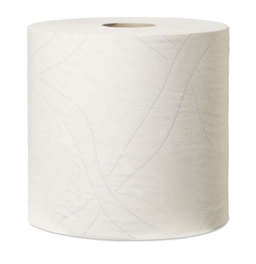 Single white Tork two ply wiping paper roll photographed straight on against a plain white background, unwrapped and unlabelled, showing the embossed leaf pattern and the open cardboard core.