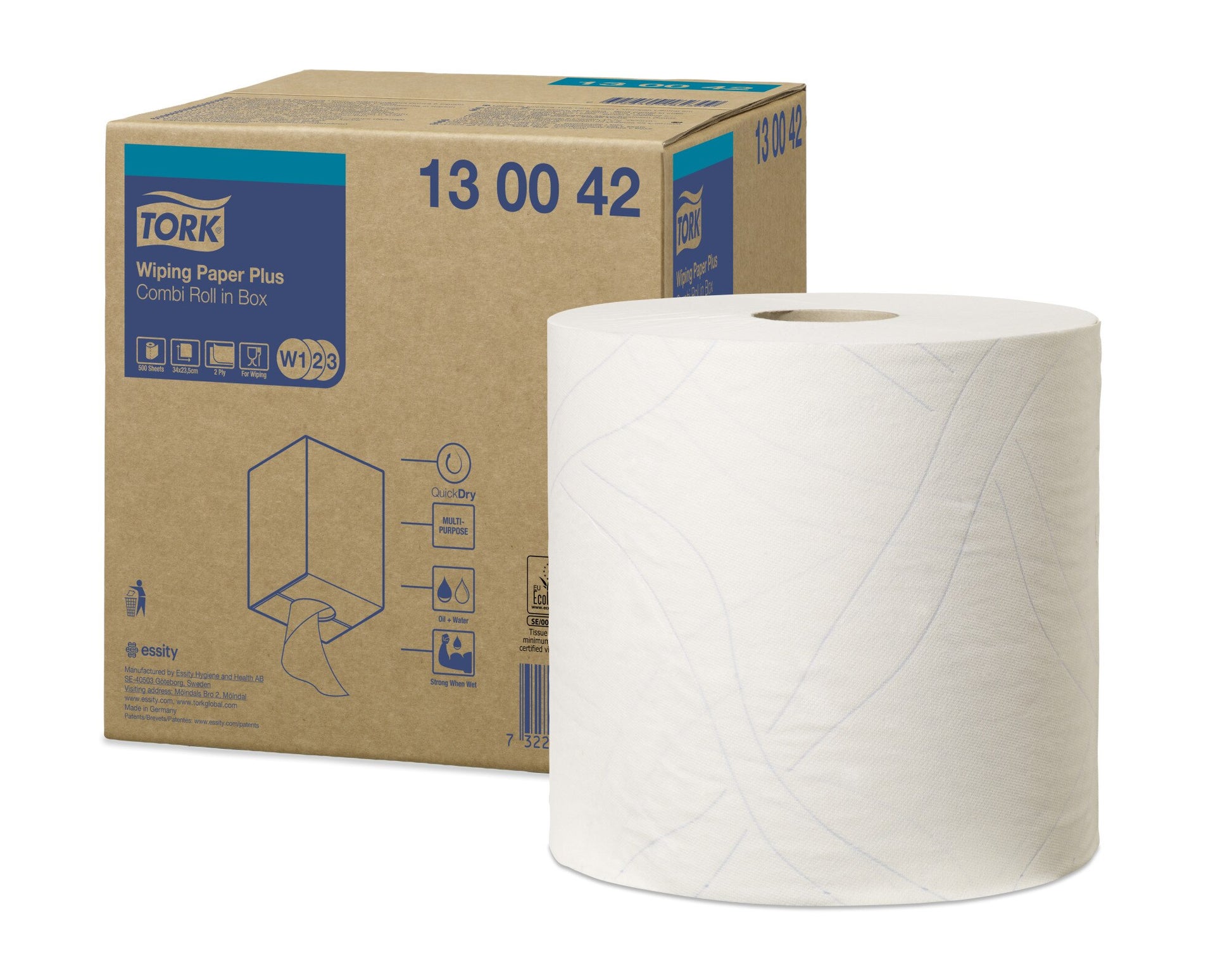 Brown kraft Tork carton printed 13 00 42 in dark blue standing beside a tall white two ply wiping paper roll with a cardboard core, label showing W1 W2 W3 icons, plain white background.
