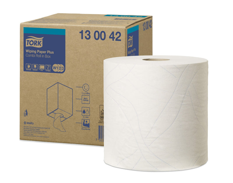 Brown kraft Tork carton printed 13 00 42 in dark blue standing beside a tall white two ply wiping paper roll with a cardboard core, label showing W1 W2 W3 icons, plain white background.