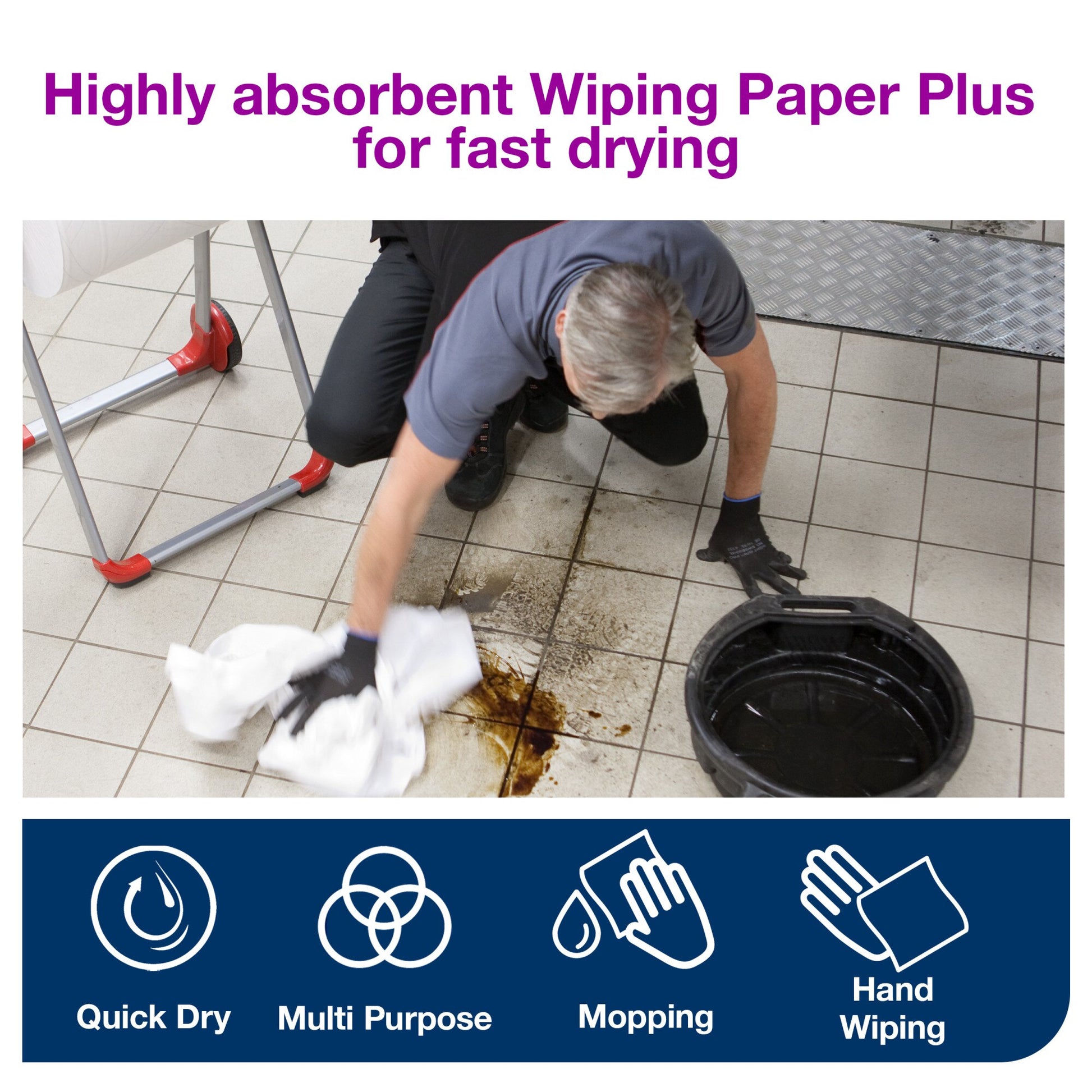 Workshop technician in a grey shirt kneels on white floor tiles and wipes a dark oil spill with white Tork paper, purple heading reading highly absorbent Wiping Paper Plus for fast drying above blue feature icons.