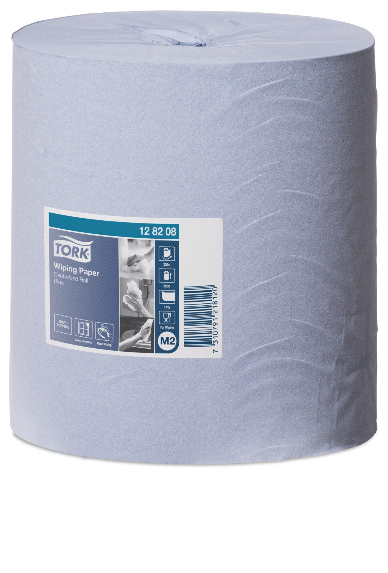 Single pale blue Tork centrefeed roll standing upright on white, its label showing code 12 82 08, Wiping Paper Centrefeed Roll Blue, a barcode and icons for 320 metres, 20 centimetres, 1 ply and M2.
