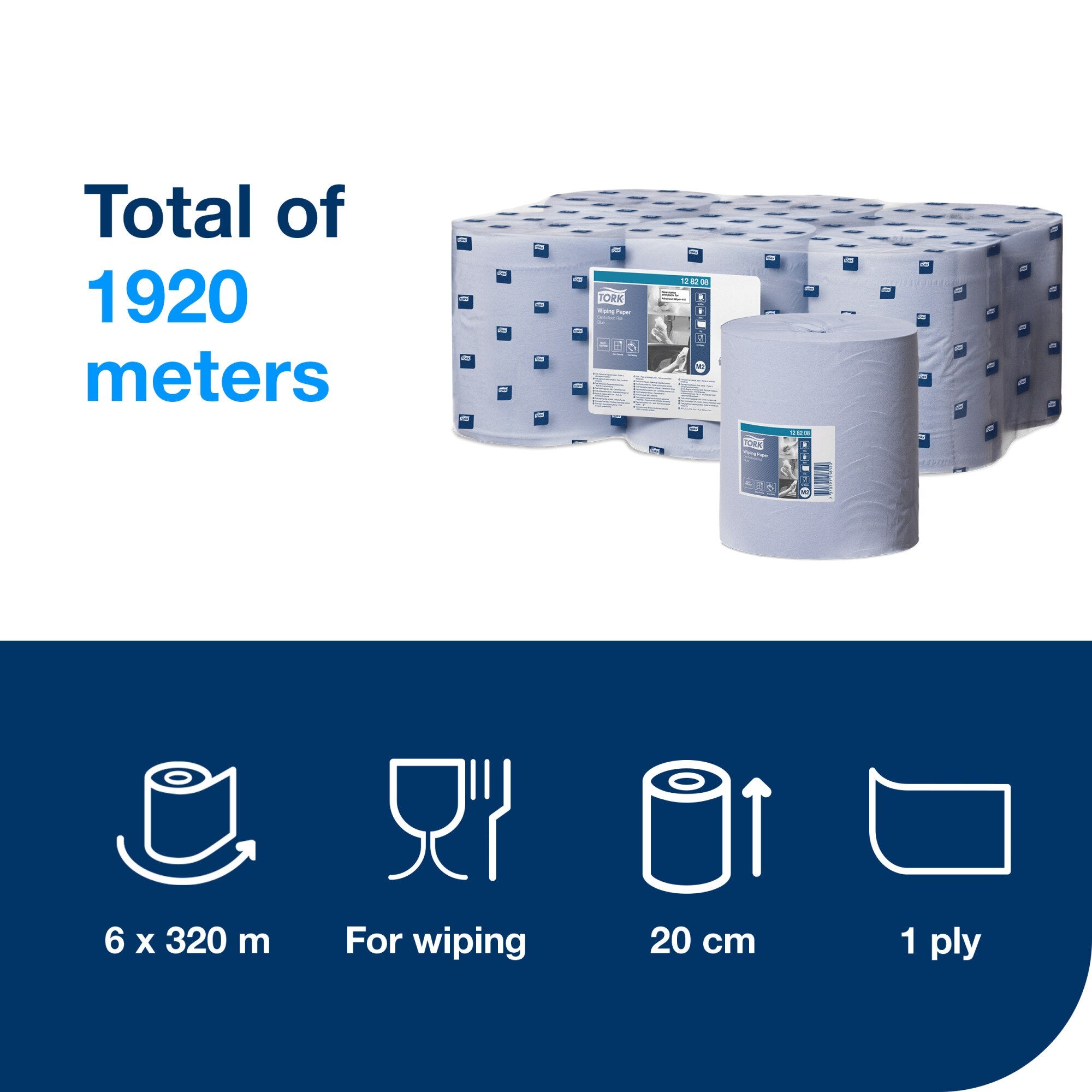 Pack contents graphic reading Total of 1920 metres beside the wrapped six roll pack and one loose blue roll, with navy icons below for 6 x 320 m, For wiping, roll width 20 centimetres and 1 ply.