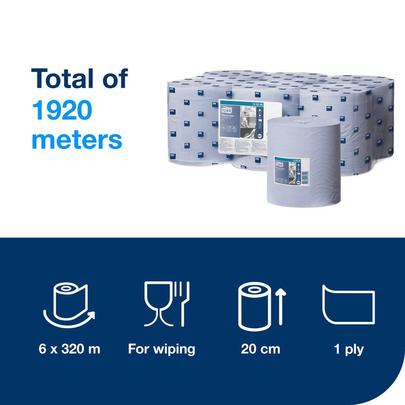 Pack contents graphic reading Total of 1920 metres beside the wrapped six roll pack and one loose blue roll, with navy icons below for 6 x 320 m, For wiping, roll width 20 centimetres and 1 ply.