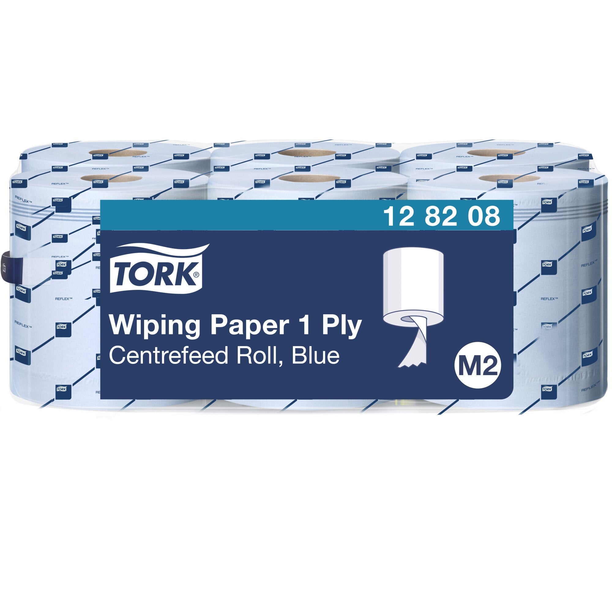 Shrink wrapped pack of six pale blue Tork centrefeed rolls printed with a repeating Tork and Reflex pattern, the front label reading Tork Wiping Paper 1 Ply Centrefeed Roll Blue with code 12 82 08 and a round M2 symbol.
