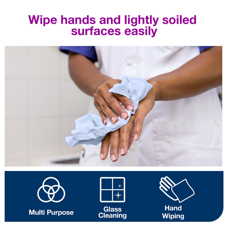Purple heading Wipe hands and lightly soiled surfaces easily sits above a photo of a worker in a white tunic drying her hands with pale blue Tork wiping paper, over a navy band of multi purpose, glass cleaning and hand wiping icons.