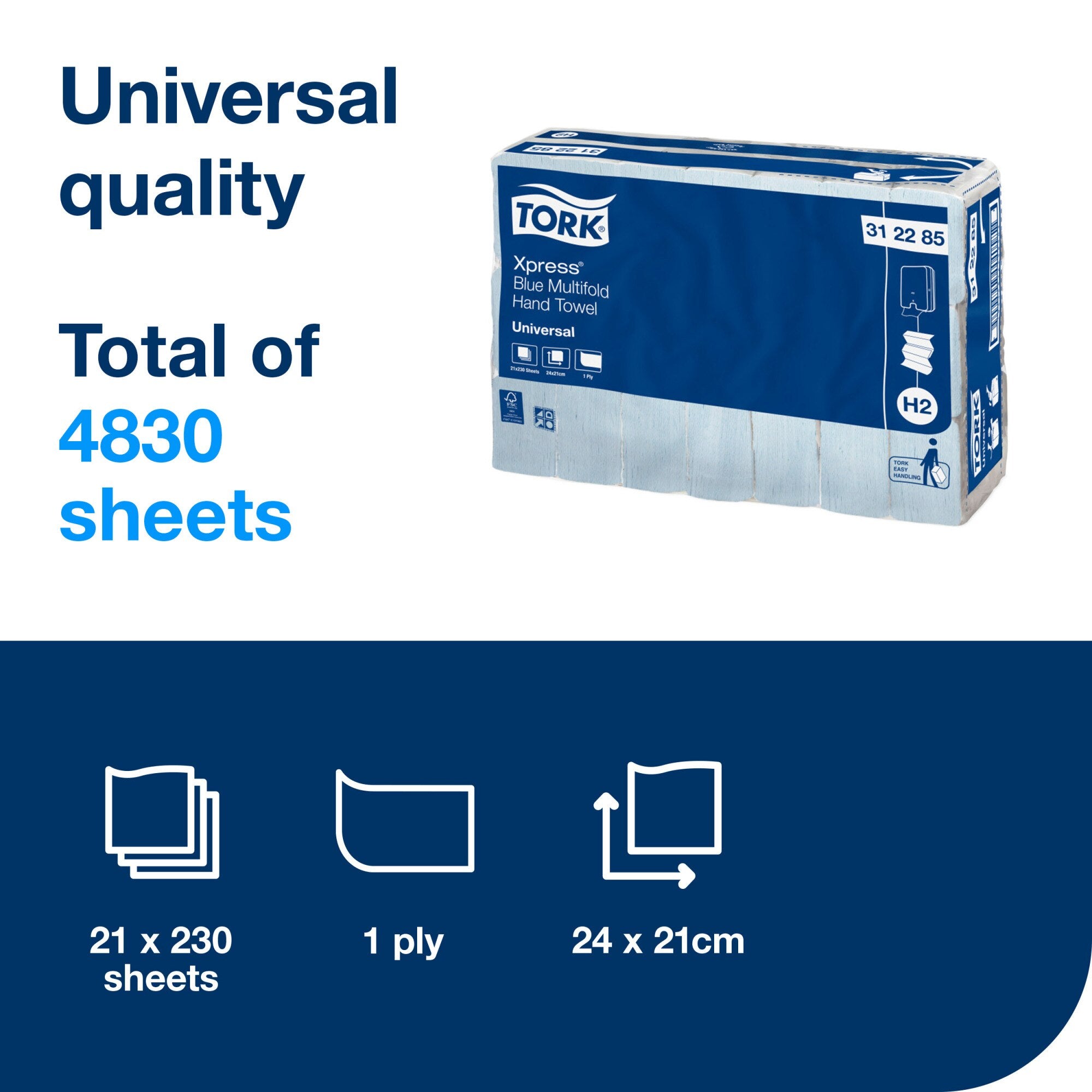 Tork panel headed Universal quality and total of 4830 sheets, showing a carry pack of Tork Xpress Blue Multifold Hand Towel 312285, with icons for 21 by 230 sheets, 1 ply and 24 by 21 centimetres