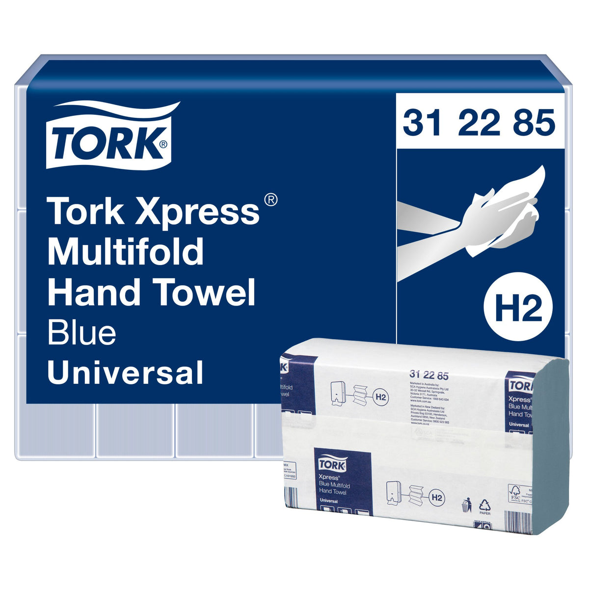 Tork Xpress Multifold Hand Towel 312285 panel reading Blue Universal with an H2 badge, beside a blue towel bundle in its wrapper